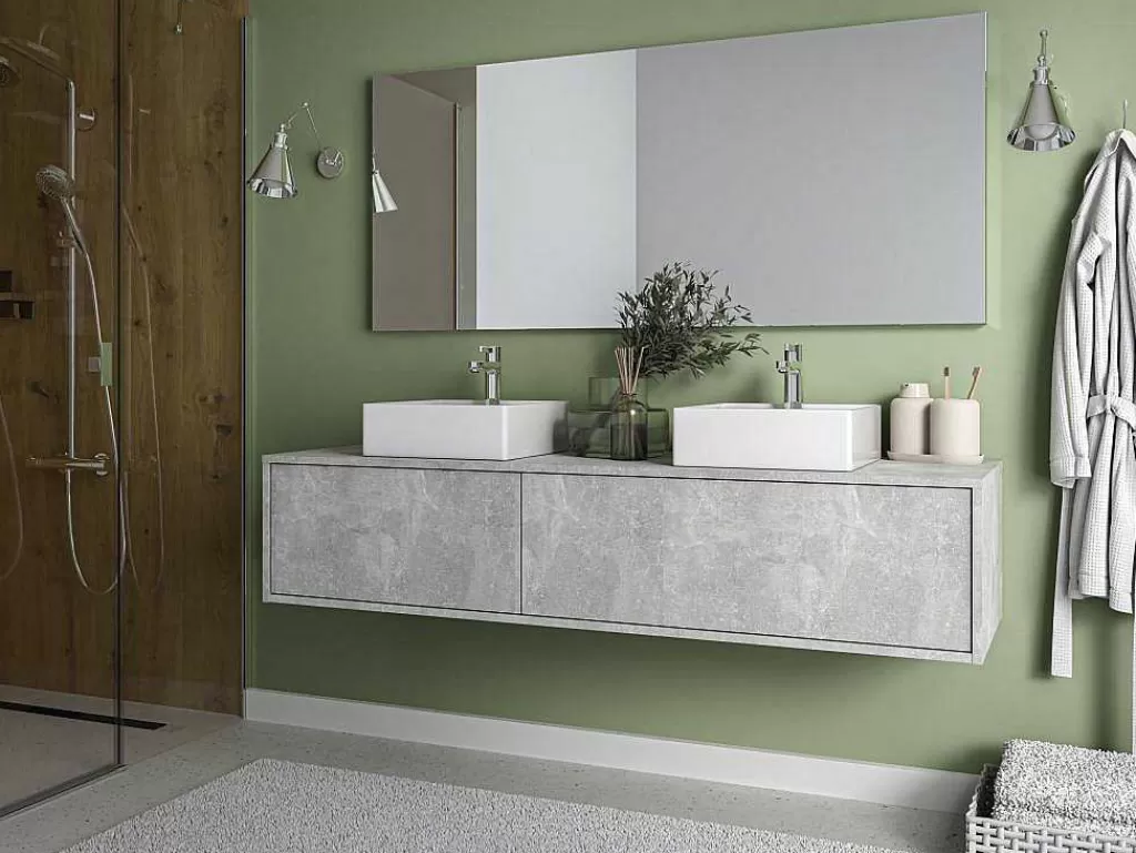 Móvel Lavatório Duplo*Vente-unique Móvel De Casa De Banho Suspenso Cinza Cimento Com Lavatório Duplo C150 Cm - Isaure Ii