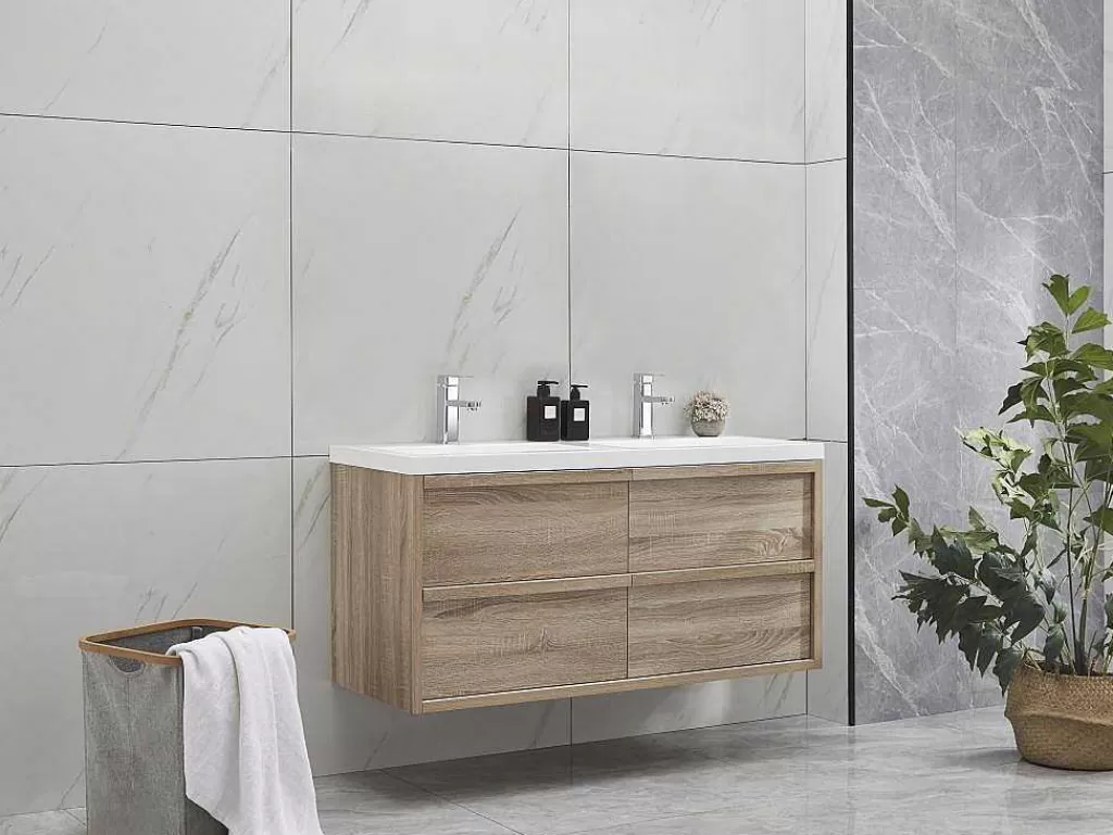 Móvel Lavatório Duplo*Vente-unique Móvel De Casa De Banho Suspenso Com Lavatório De Encastrar Cor Natural Clara 120 Cm - Quadra
