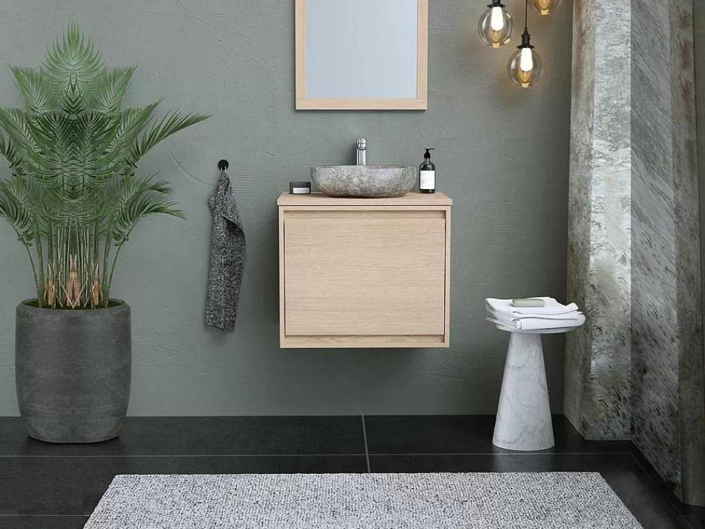 Móvel Lavatório Individual*Vente-unique Móvel De Casa De Banho Suspenso Com Lavatório De Pedra, Folha De Carvalho, 60 Cm - Mesliva