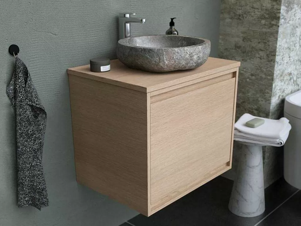 Móvel Lavatório Individual*Vente-unique Móvel De Casa De Banho Suspenso Com Lavatório De Pedra, Folha De Carvalho, 60 Cm - Mesliva