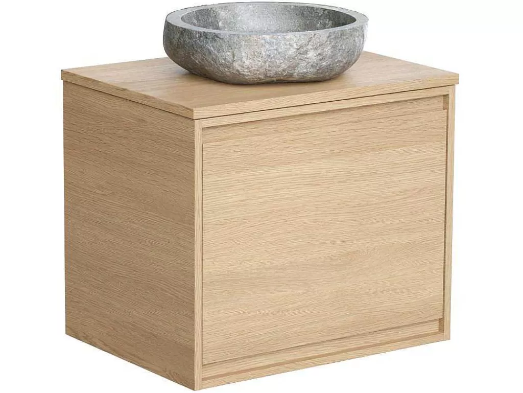 Móvel Lavatório Individual*Vente-unique Móvel De Casa De Banho Suspenso Com Lavatório De Pedra, Folha De Carvalho, 60 Cm - Mesliva