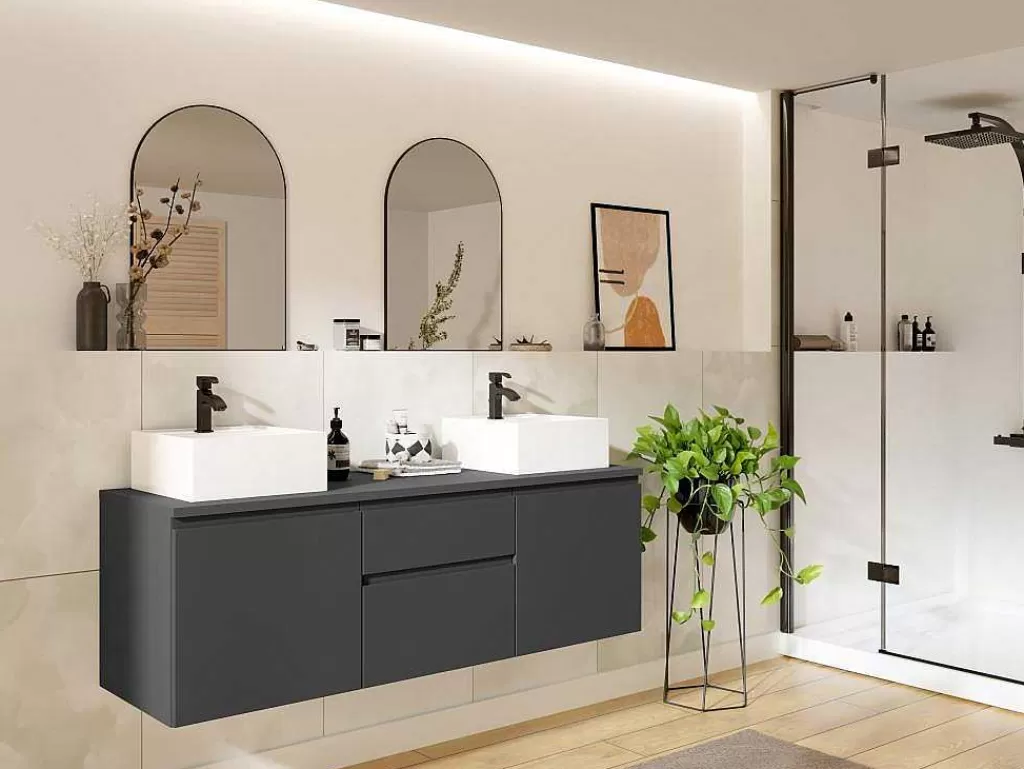 Móvel Lavatório Duplo*Vente-unique Móvel De Casa De Banho Suspenso Com Lavatório Duplo Cinza 150 Cm - Jimena Ii