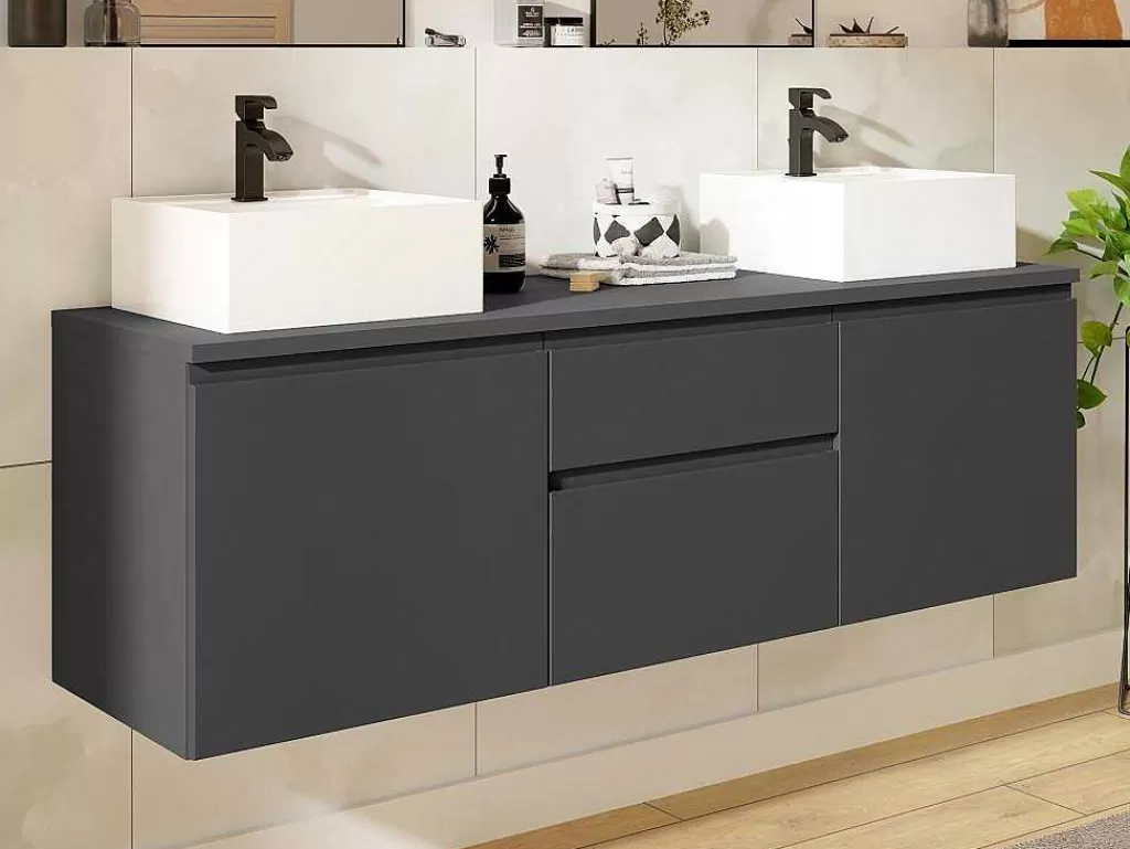 Móvel Lavatório Duplo*Vente-unique Móvel De Casa De Banho Suspenso Com Lavatório Duplo Cinza 150 Cm - Jimena Ii