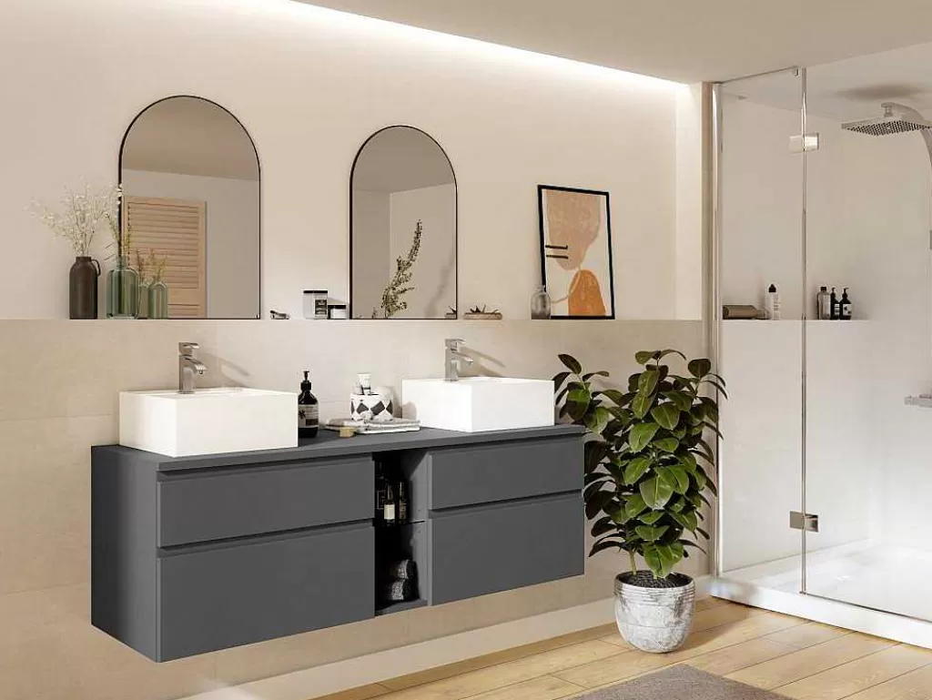 Móvel Lavatório Duplo*Vente-unique Móvel De Casa De Banho Suspenso Com Lavatório Duplo Cinza 150 Cm - Magdalena Ii