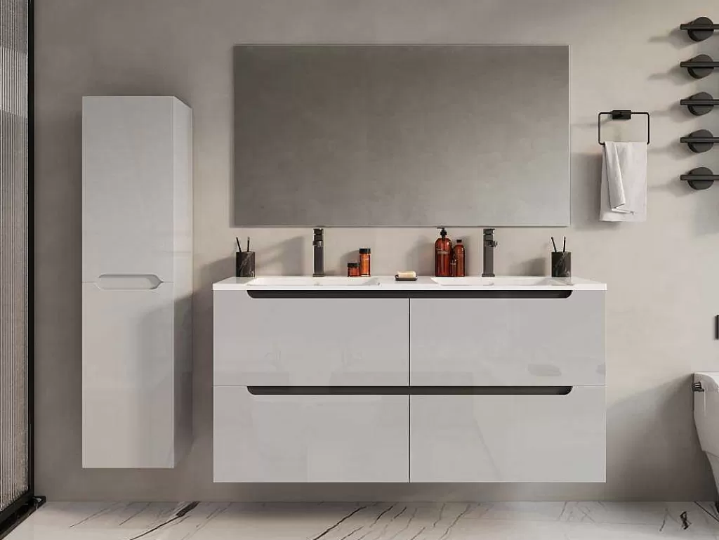 Móvel Lavatório Duplo*Vente-unique Móvel De Casa De Banho Suspenso Com Lavatório Duplo De Encastrar E Coluna Branco 120 Cm - Selita