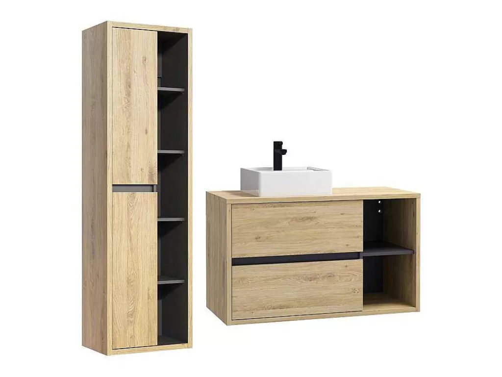 Móvel Lavatório Individual*Vente-unique Móvel De Casa De Banho Suspenso Com Lavatório E Coluna 100 Cm Cor Natural - Purnal