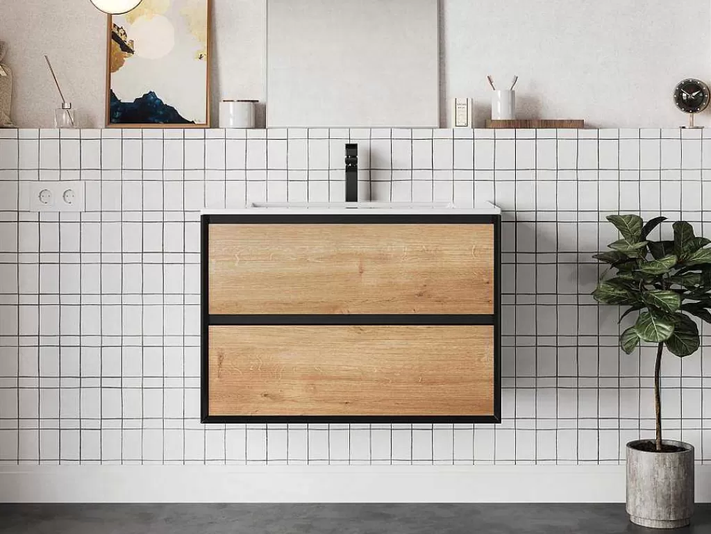 Móvel Lavatório Individual*Vente-unique Móvel De Casa De Banho Suspenso Com Lavatório Embutido Cor Clara E Preto 80 Cm - Lannick