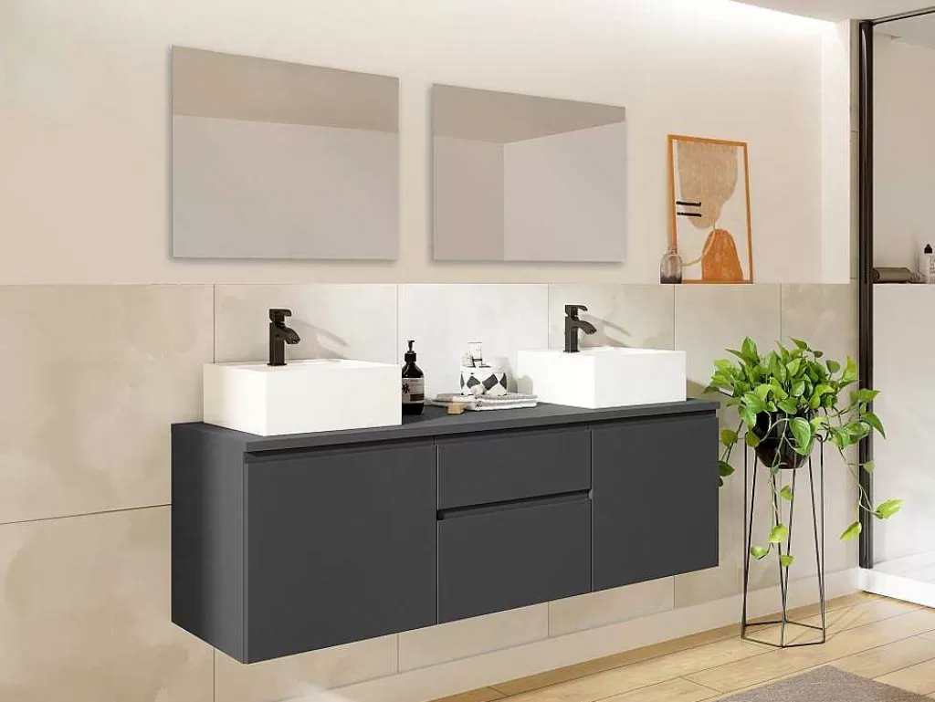 Móvel Lavatório Duplo*Vente-unique Móvel De Casa De Banho Suspenso Com Lavatórios Duplos E Espelhos - Cinza - 150 Cm - Jimena Ii