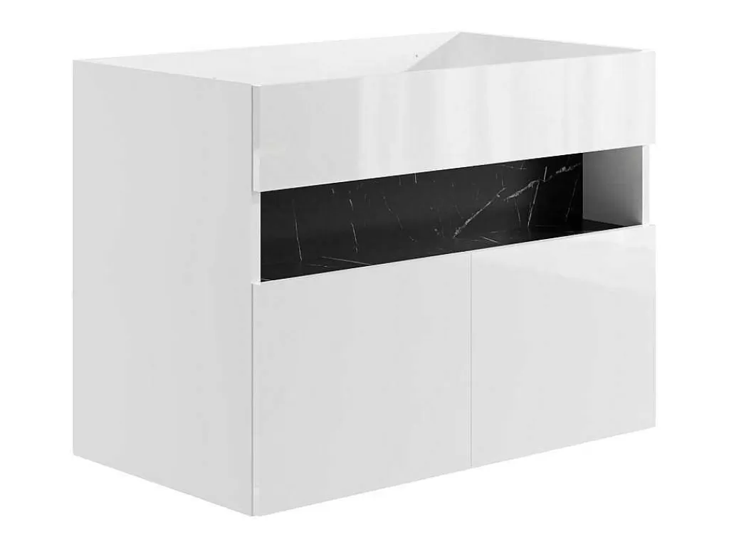 Móvel Lavatório Individual*Vente-unique Móvel De Casa De Banho Suspenso Com Leds E Lavatório De Encastrar, Branco E Preto Efeito Marmore C80 Cm - Pozega