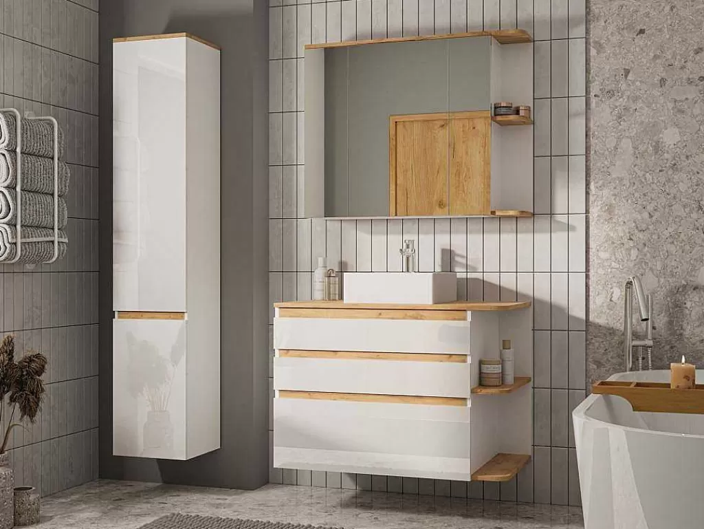 Móvel Lavatório Individual*Vente-unique Móvel De Casa De Banho Suspenso Cor Madeira E Branco Com Lavatório Individual, Coluna E Armário De Casa De Banho 94 Cm - Anida