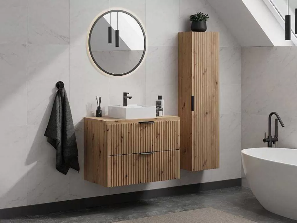 Móvel Lavatório Individual*Vente-unique Móvel De Casa De Banho Suspenso Estriado Com Lavatório De Pousar Natural Claro 80 Cm - Zevara