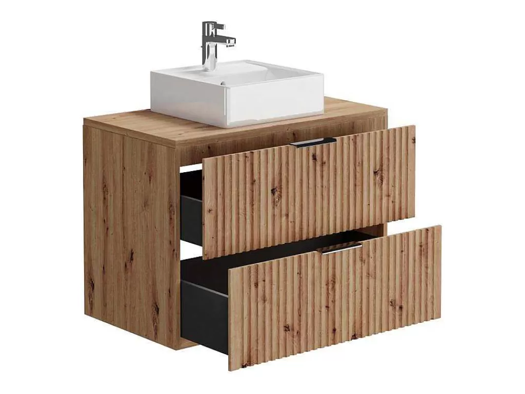 Móvel Lavatório Individual*Vente-unique Móvel De Casa De Banho Suspenso Estriado Com Lavatório De Pousar Natural Claro 80 Cm - Zevara