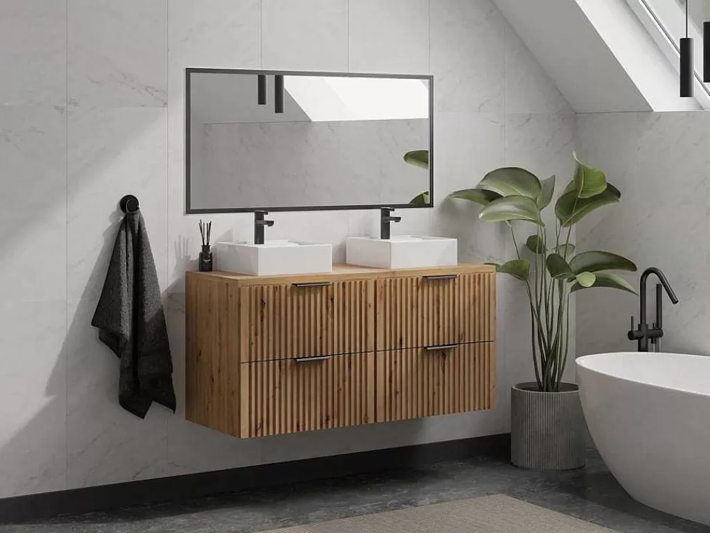 Móvel Lavatório Duplo*Vente-unique Móvel De Casa De Banho Suspenso Estriado Com Lavatório De Pousar Natural Claro C120 Cm - Zevara