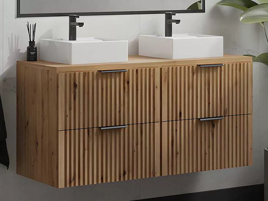 Móvel Lavatório Duplo*Vente-unique Móvel De Casa De Banho Suspenso Estriado Com Lavatório De Pousar Natural Claro C120 Cm - Zevara