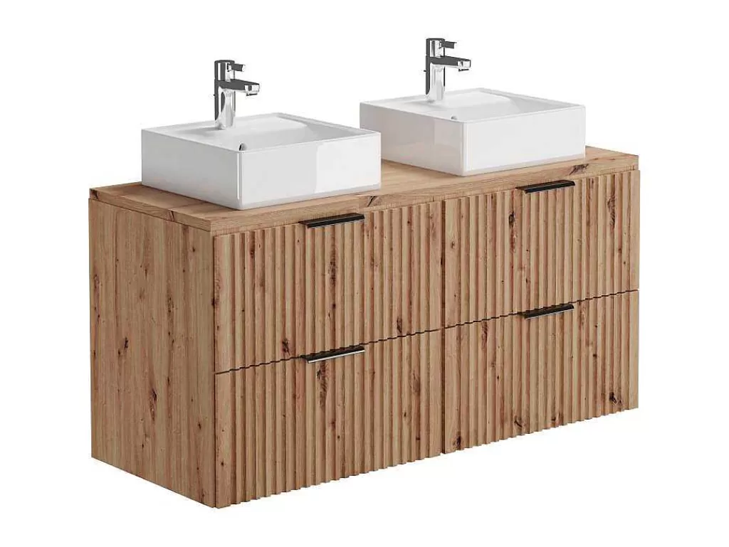 Móvel Lavatório Duplo*Vente-unique Móvel De Casa De Banho Suspenso Estriado Com Lavatório De Pousar Natural Claro C120 Cm - Zevara