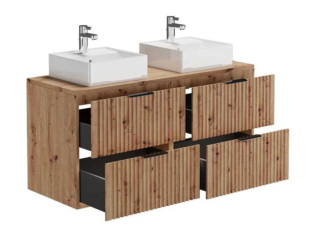 Móvel Lavatório Duplo*Vente-unique Móvel De Casa De Banho Suspenso Estriado Com Lavatório De Pousar Natural Claro C120 Cm - Zevara