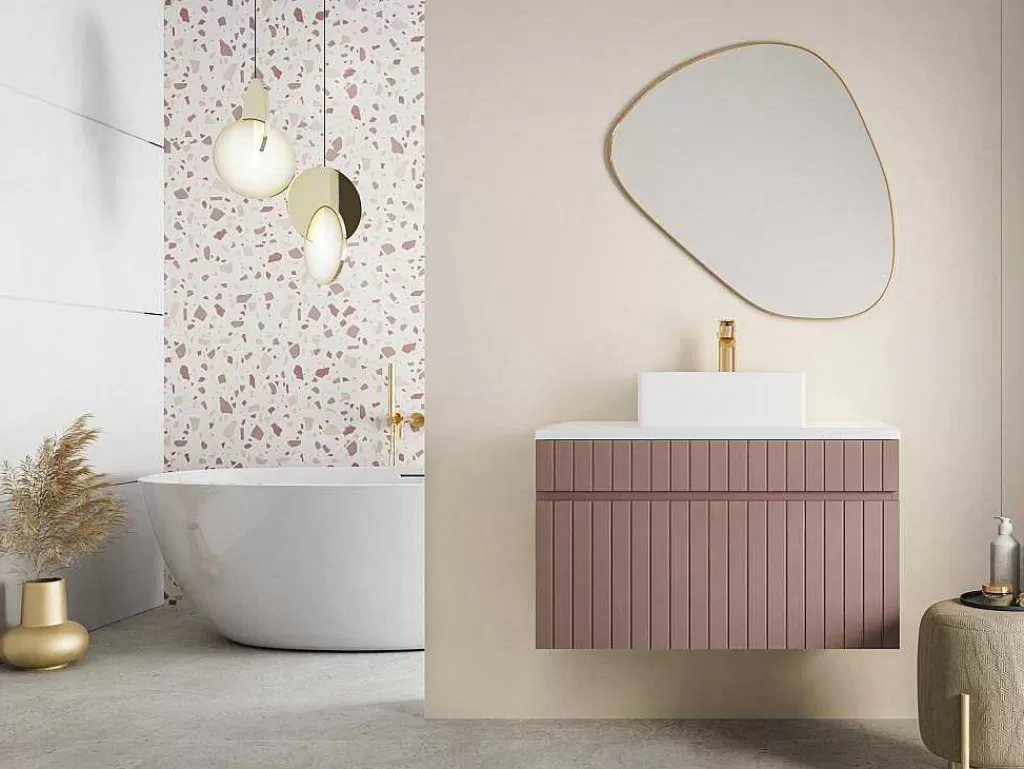 Promoções Casa De Banho & Bem-Estar*Vente-unique Móvel De Casa De Banho Suspenso Estriado Cor-De-Rosa Com Lavatório De Pousar 80 Cm - Satara