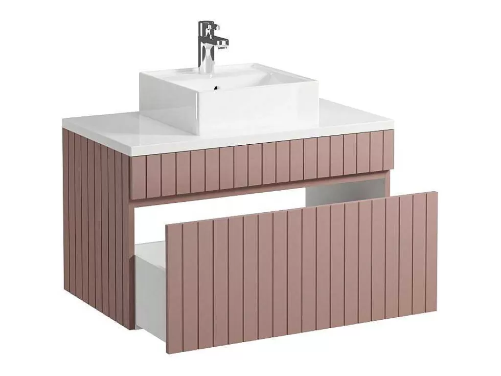 Promoções Casa De Banho & Bem-Estar*Vente-unique Móvel De Casa De Banho Suspenso Estriado Cor-De-Rosa Com Lavatório De Pousar 80 Cm - Satara
