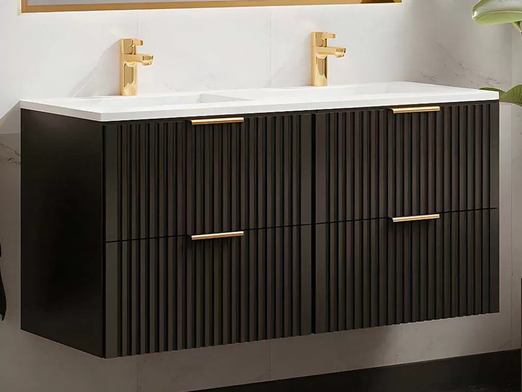 Móvel Lavatório Duplo*Vente-unique Móvel De Casa De Banho Suspenso Estriado Lavatório De Encastrar Preto 120 Cm - Zevara
