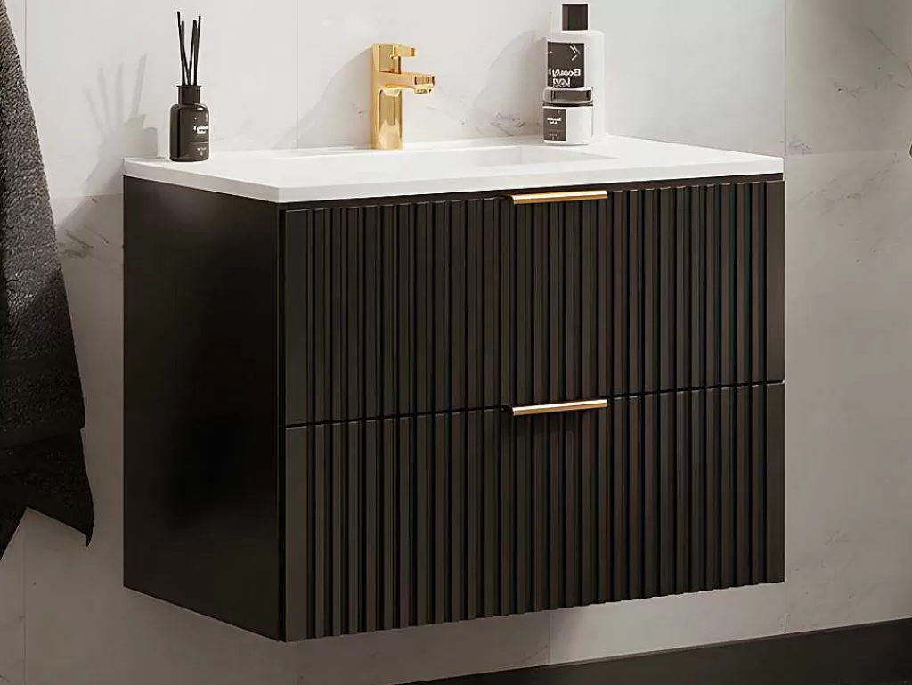 Móvel Lavatório Individual*Vente-unique Móvel De Casa De Banho Suspenso Estriado Lavatório De Encastrar Preto 80 Cm - Zevara