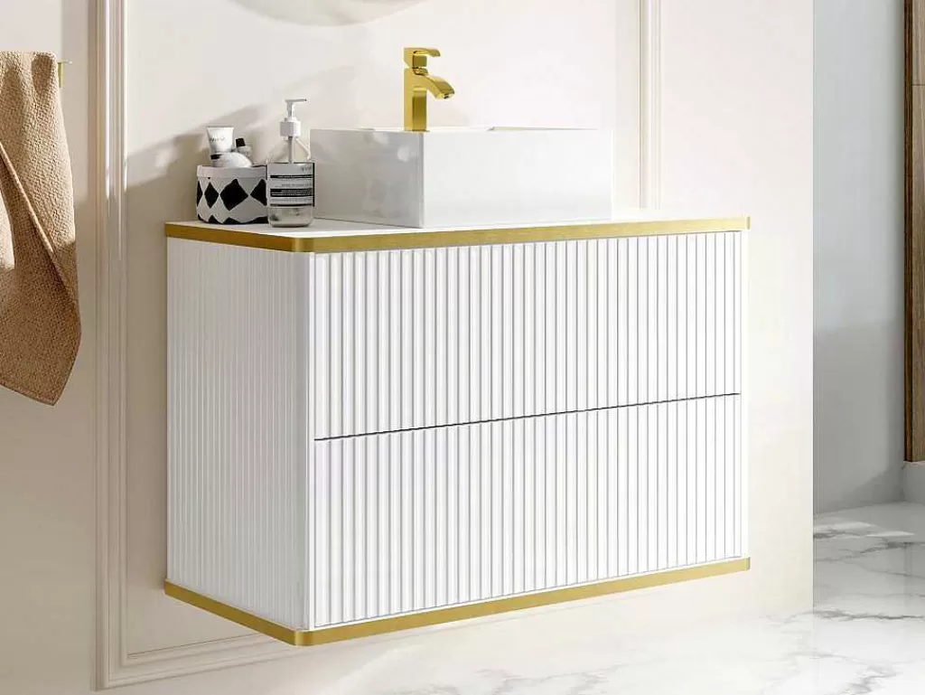 Móvel Lavatório Individual*Vente-unique Móvel De Casa De Banho Suspenso Estriado Rebordo Dourado Com Lavatório De Pousar Branco 80 Cm - Keliza