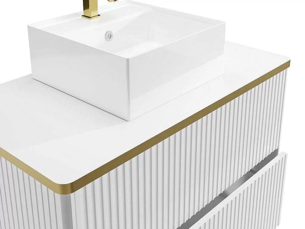 Móvel Lavatório Individual*Vente-unique Móvel De Casa De Banho Suspenso Estriado Rebordo Dourado Com Lavatório De Pousar Branco 80 Cm - Keliza