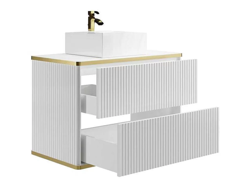 Móvel Lavatório Individual*Vente-unique Móvel De Casa De Banho Suspenso Estriado Rebordo Dourado Com Lavatório De Pousar Branco 80 Cm - Keliza