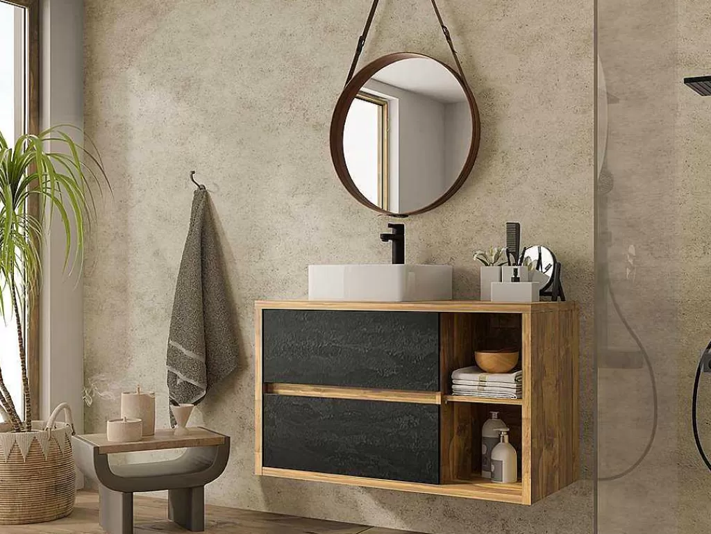 Móvel Lavatório Individual*Vente-unique Móvel De Casa De Banho Suspenso Lavatório Simples Cor Natural E Antracite De 100 Cm - Tikitiki