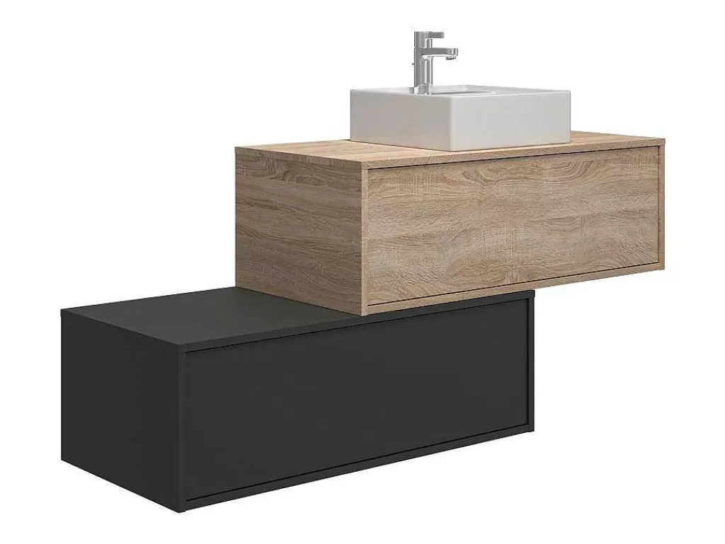 Móvel Lavatório Individual*Vente-unique Móvel De Casa De Banho Suspenso Madeira Clara E Antracite Lavatório Individual E Duas Gavetas 94 Cm - Teana Ii