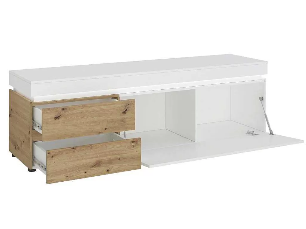 Promoções Sala*Vente-unique Móvel De Tv 1 Porta E 2 Gavetas Com Leds Natural E Lacado A Branco - Dolona