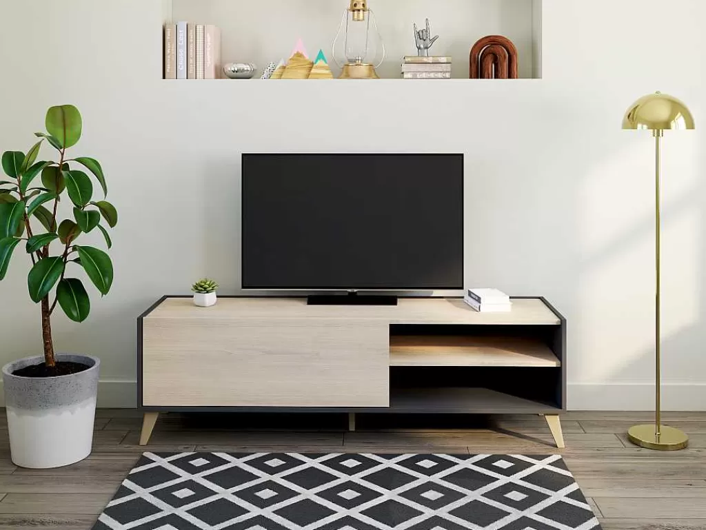 Móvel De Tv*Vente-unique Móvel De Tv Com 1 Porta E 2 Nichos Cor Carvalho E Antracite - Kolyma