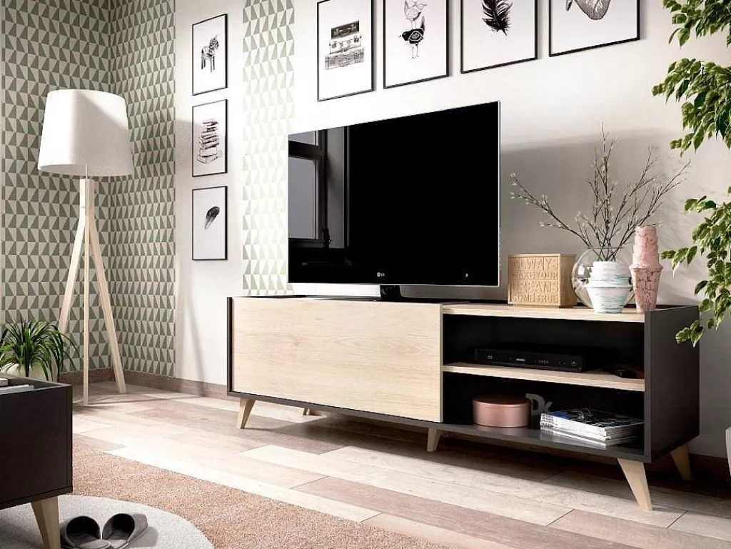 Móvel De Tv*Vente-unique Móvel De Tv Com 1 Porta E 2 Nichos Cor Carvalho E Antracite - Kolyma