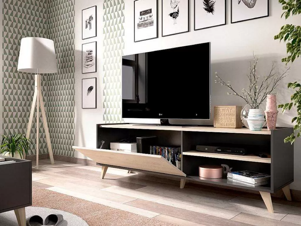 Móvel De Tv*Vente-unique Móvel De Tv Com 1 Porta E 2 Nichos Cor Carvalho E Antracite - Kolyma