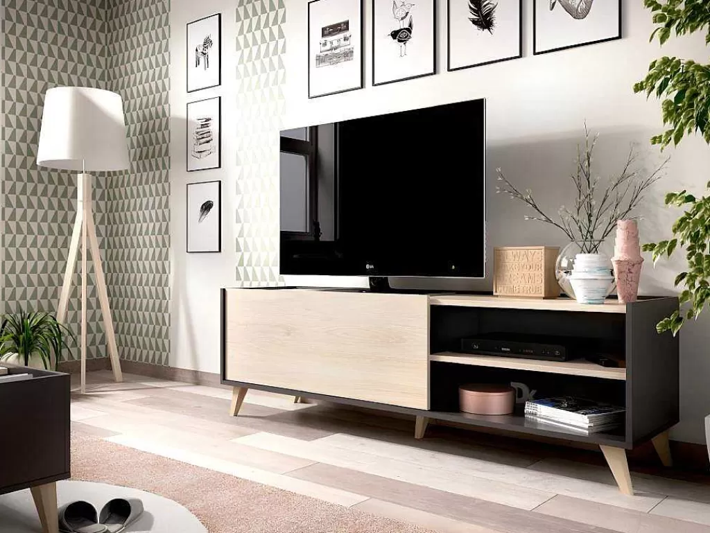 Móvel De Tv*Vente-unique Móvel De Tv Com 1 Porta E 2 Nichos Cor Carvalho E Antracite - Kolyma