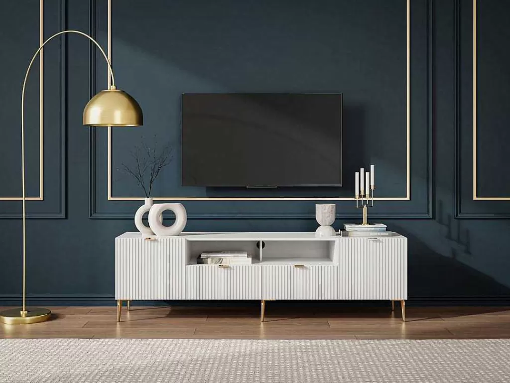 Móvel De Tv*Vente-unique Móvel De Tv Com 2 Portas, 2 Gavetas E 2 Nichos Em Mdf E Aco Branco E Dourado - Yesinia