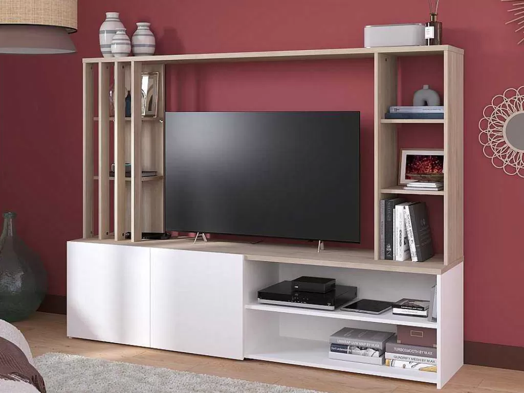 Móvel De Tv*Vente-unique Móvel De Tv Com Espacos De Arrumação, Natural E Branco - Gorbella
