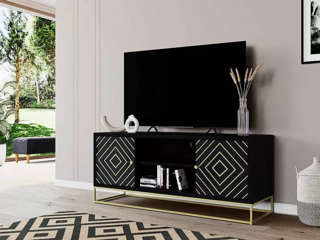Móvel De Tv*Vente-unique Móvel De Tv Prismin - 2 Portas E 2 Nichos - Mangueira E Metal - Preto