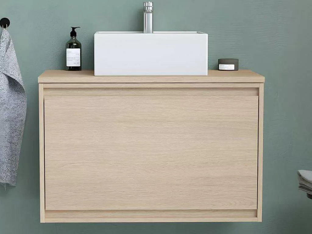 Móvel Lavatório Individual*Vente-unique Móvel Suspenso De Casa De Banho Com Lavatório De Pousar, Folha De Carvalho, 80 Cm - Mesliva