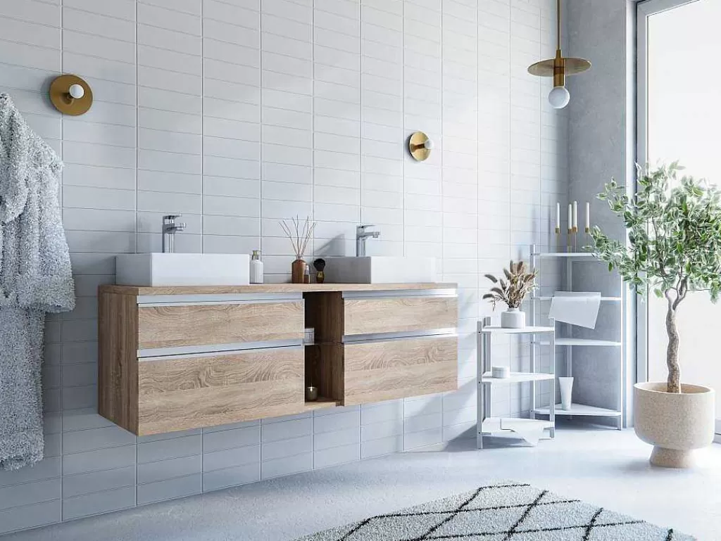Móvel Lavatório Duplo*Vente-unique Móvel Suspenso De Casa De Banho Com Lavatório Duplo Cor Natural Clara 150 Cm - Magdalena Ii