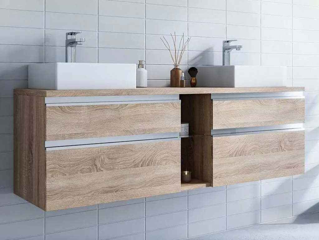 Móvel Lavatório Duplo*Vente-unique Móvel Suspenso De Casa De Banho Com Lavatório Duplo Cor Natural Clara 150 Cm - Magdalena Ii
