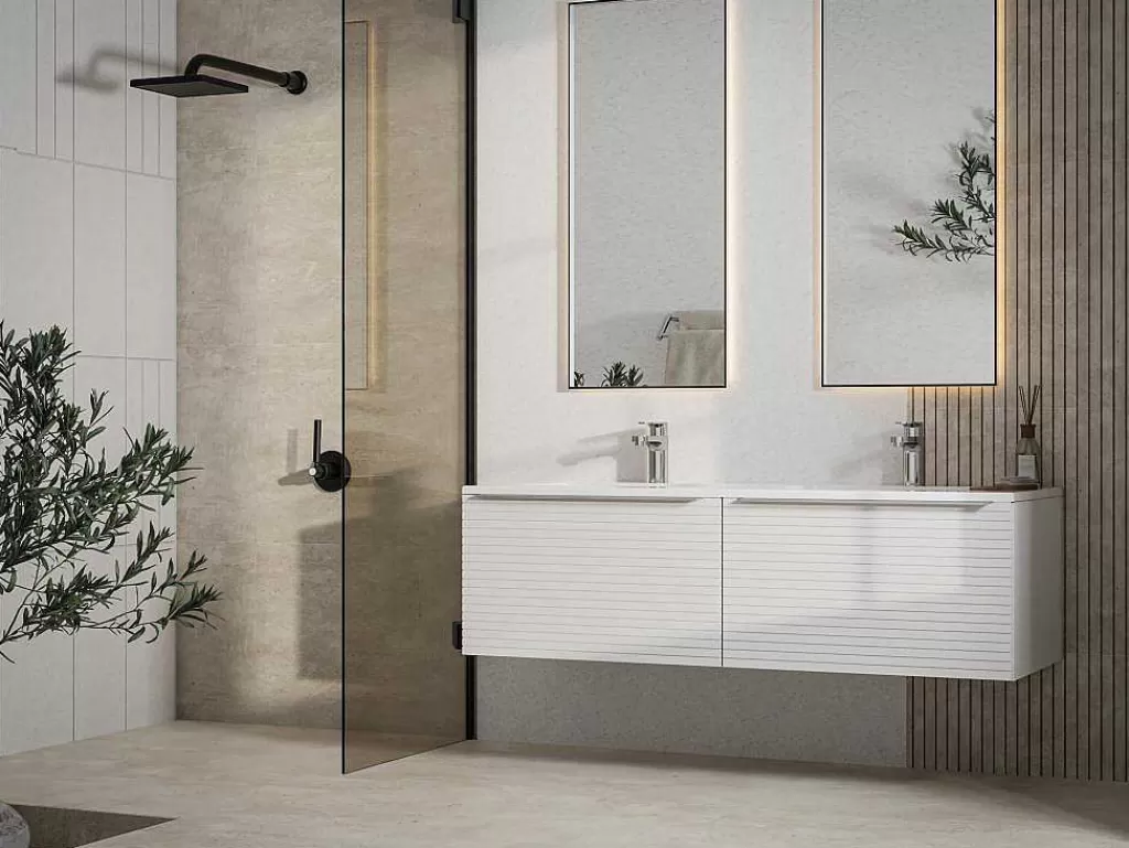 Móvel Lavatório Duplo*Vente-unique Móvel Suspenso De Casa De Banho Estriado Branco Com Lavatório Duplo De Encastrar 120 Cm - Latoma