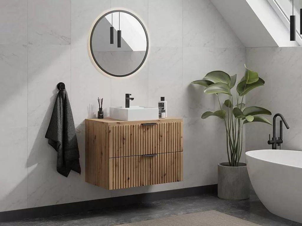 Móvel Para Lavatório*Vente-unique Móvel Suspenso Estriado Para Lavatório Natural Claro C80 Cm - Zevara