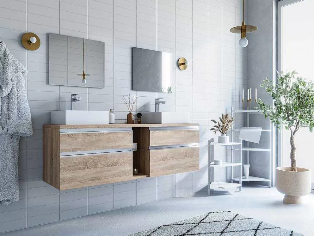 Móvel Lavatório Duplo*Vente-unique Móvel Suspenso Para Casa De Banho Com Dupla Pia E Espelhos - Cor Natural Clara - 150 Cm - Magdalena Ii