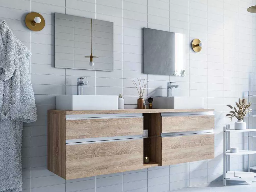 Móvel Lavatório Duplo*Vente-unique Móvel Suspenso Para Casa De Banho Com Dupla Pia E Espelhos - Cor Natural Clara - 150 Cm - Magdalena Ii