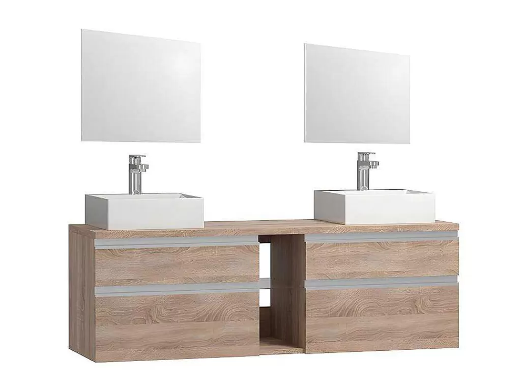 Móvel Lavatório Duplo*Vente-unique Móvel Suspenso Para Casa De Banho Com Dupla Pia E Espelhos - Cor Natural Clara - 150 Cm - Magdalena Ii