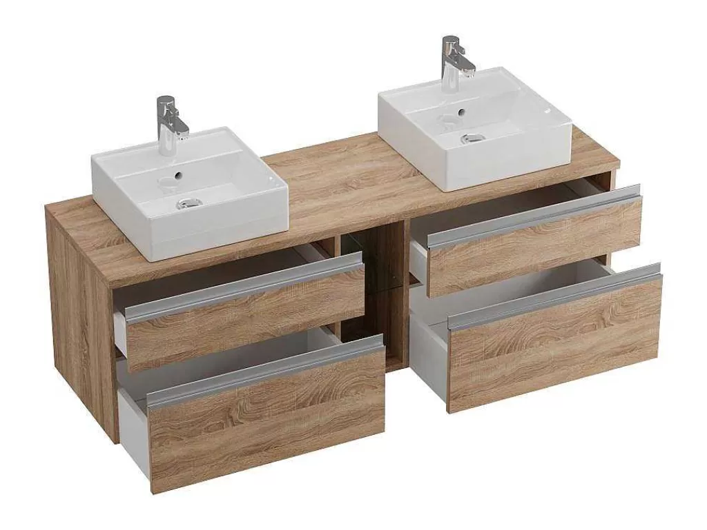 Móvel Lavatório Duplo*Vente-unique Móvel Suspenso Para Casa De Banho Com Dupla Pia E Espelhos - Cor Natural Clara - 150 Cm - Magdalena Ii