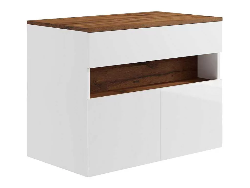 Móvel Para Lavatório*Vente-unique Móvel Suspenso Para Colocar Sob O Lavatório Com Leds E Tampo, Branco E Natural Escuro C80 Cm - Pozega