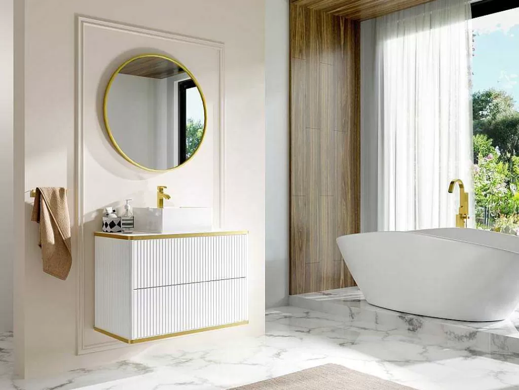 Promoções Casa De Banho & Bem-Estar*Vente-unique Móvel Suspenso Para Colocar Sob O Lavatório Estriado Rebordo Dourado, Cor Branca C80 Cm - Keliza