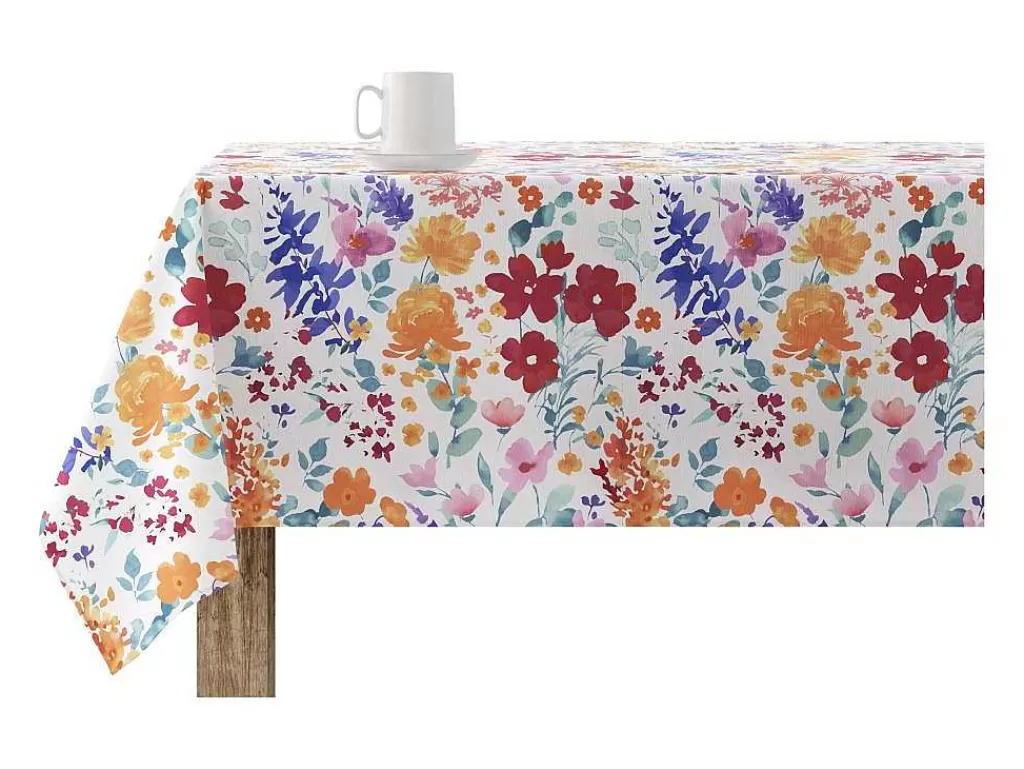 Têxteis De Mesa*Purline Nappe Anti-Taches 100% Coton 1 Piece Blanc A Fleurs Vives 140X140