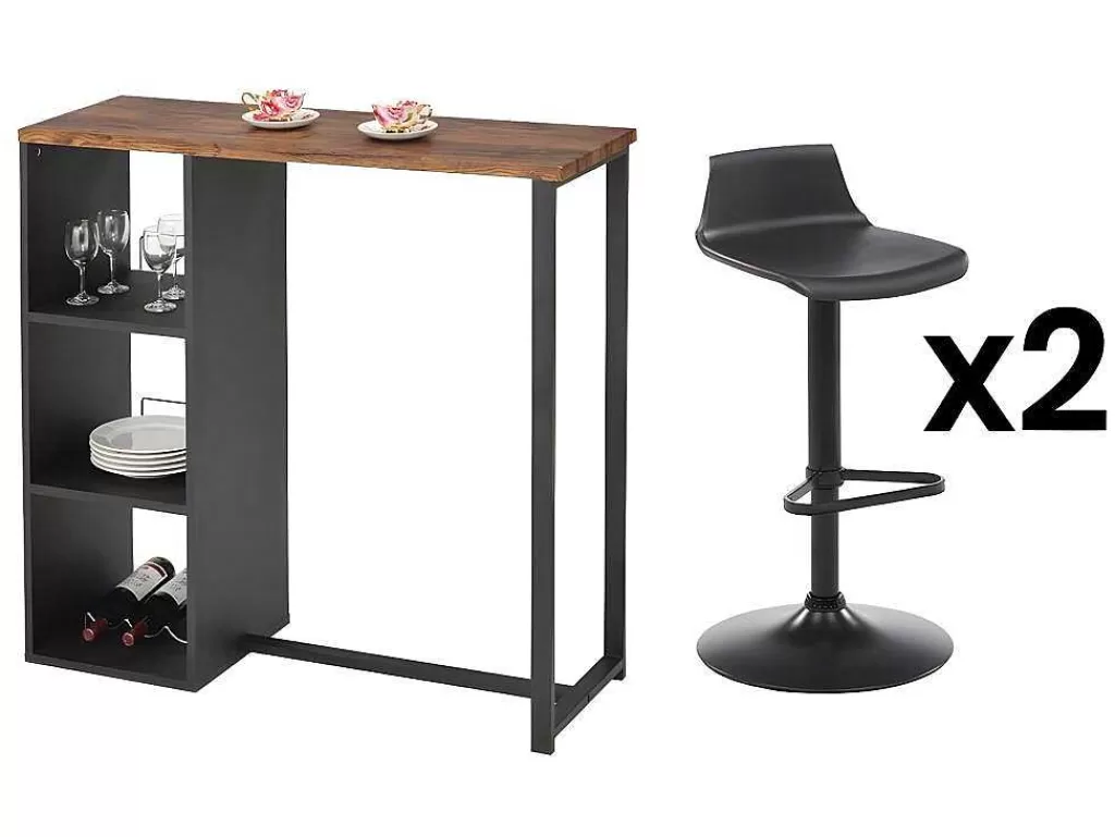 Móvel De Bar*Vente-unique Pack "Comer Em Pe": Móvel De Bar Morena + 2 Bancos Altos Calas - Preto E Efeito Nogueira